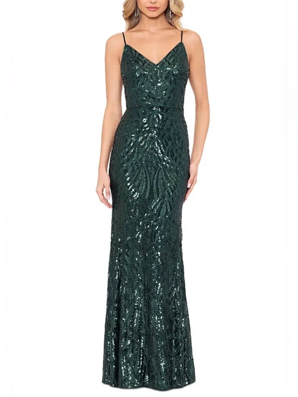 Emerald Sequin Spaghetti Strap Evening Gown